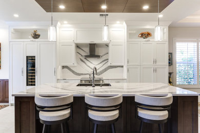 Transitional single-wall porcelain tile, beige floor and wood ceiling open concept kitchen photo in Other with a single-bowl sink, recessed-panel cabinets, dark wood cabinets, quartz countertops, multicolored backsplash, quartz backsplash, stainless steel appliances, an island and multicolored countertops