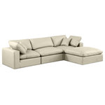 Meridian Furniture - Comfy Upholstered L-Shaped Modular Sectional, Cream, 4-Piece: 1 Armless Chair, 2 Corner Chair, 1 Ottoman, Vegan Leather - Give your space a whole new look with this cream Comfy vegan leather sectional. This handsome sectional fits nicely with other items in the Comfy collection and is a versatile seating option designed for adaptability, comfort and style. Wrapped in rich cream durable vegan leathered upholstery, this sectional offers a plush embrace of overstuffed down feather cushions, carefully crafted to deliver the highest level of comfort. The perfect seat for creating an oasis for relaxation, this sectional has thick foam surrounding its frame for added support and coziness.