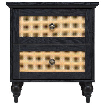 Transitional Coastal Nightstand, 2 Ample Drawers With Rattan Front, Black Finish
