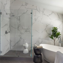 doorless shower and sloped ceiling