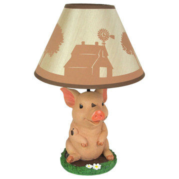 Muddy Delight Barnyard Pig Sculptural Table Lamp w/Decorative Shade