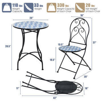 Costway 3PCS Patio Bistro Furniture Set Folding Chair Mosaic Design Garden Blue