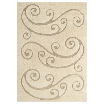 Sprout Scrolling Vine 5"x8" Shag Area Rug, Creame and Beige
