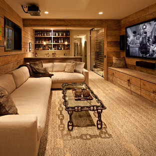 Diseño de sótano en el subsuelo rústico, de tamaño medio, con moqueta y paredes marrones