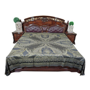 Mogul Interior - Mogul Moroccan Bedding, Pashmina Wool Blanket Throw, Grey Black Paisley - Gorgeous & intricate ethnic medium blue and black reversible warm jamavar wool Indian bedspread bed cover in exquisite huge swirling floral paisley motifs from India.