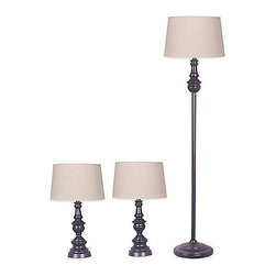 Adesso® Fulton 3-Piece Lamp Set Collection in Antique Bronze with Oatmeal Burlap - Lamp Sets