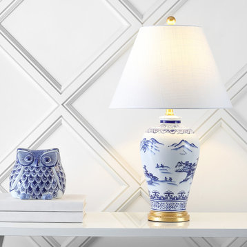 Zhou Ceramic/Iron Traditional Cottage LED Table Lamp, Blue
