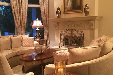 Living room - large traditional formal and open concept dark wood floor living room idea in Cincinnati with beige walls, a standard fireplace, a stone fireplace and no tv
