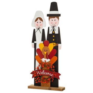 36"H Thanksgiving Wooden Pilgrim Couple Poch Decor