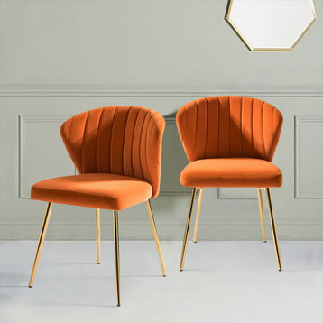4 Pack Dining Chair, Elegant Gold Legs With Velvet Seat Channeled Back, Orange