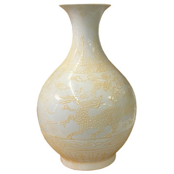 Chinese Off White Porcelain Dimensional Kirin Flower Round Shape Vase