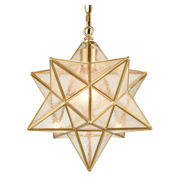 Brass Golden Moravian Star Pendant Light Star Glass Lights, 14", Seeded Glass