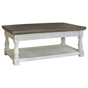 Farmhouse Coffee Table, Distressed White Column Support With Weathered Gray Top