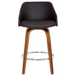 Armen Living - Alec Contemporary 26" Counter Height�Swivel Barstool in Walnut Wood Finish and B - Alec Contemporary 26" Counter Height�Swivel Barstool in Walnut Wood Finish and Brown Faux Leather The Armen Living Alec contemporary swivel barstool is a practical, yet stylish piece designed for both comfort and aesthetic pleasure. The Alec's durable Walnut wood finished exterior finds good company with the barstool's sleek Brown Faux Leather upholstered seat and back. The Alec's Chrome finished footrest beautifully compliments the elegant, straight leg design of this impressive stool. The 360 degree swivel action allows for maximum user mobility while seated. Featuring a foam padded, low back design, the Alec offers optimal lumbar support without compromising on the stool's contemporary appearance. The stylish Alec is available in 2 industry standard sizes; 26 inch counter and 30 inch bar height. Also available in black brush wood finish�with gray faux leather.
