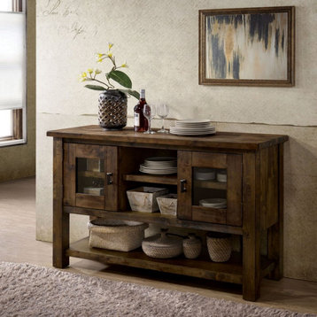 Transitional Sideboard, Square Hardwood Legs With Open Comparments, Rustic Oak