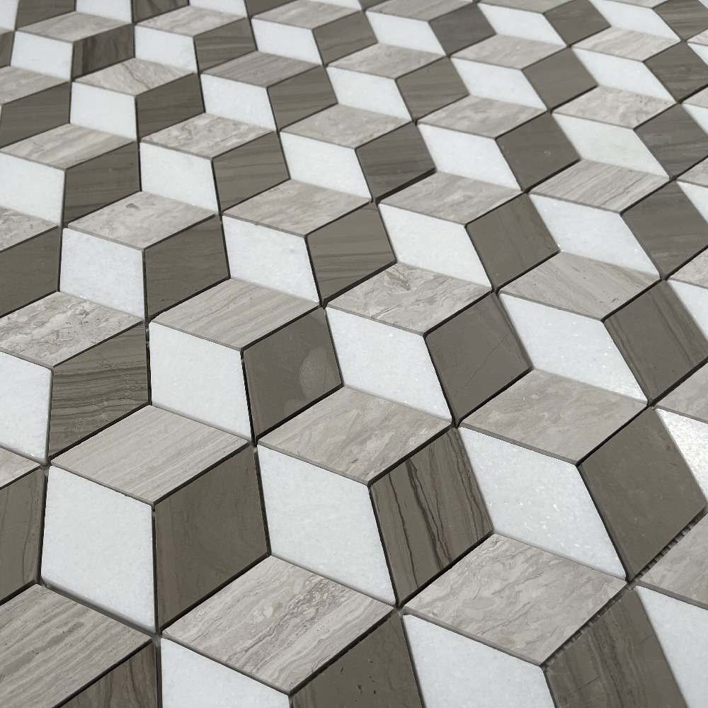 Athens Silver Cream Marble 3D Cube Diamond Geometry Hex Mosaic Tile, 1 ...