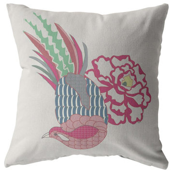 20" Pink White Peacock Suede Throw Pillow