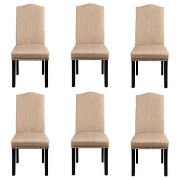 6 Pcs Dining Chair, Burlap Fabric Upholstered Seat With Nailhead Trim, Khaki