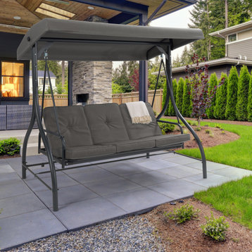 CorLiving Elia 3-Seat Metal Frame Convertible Patio Swing w Canopy, Gray