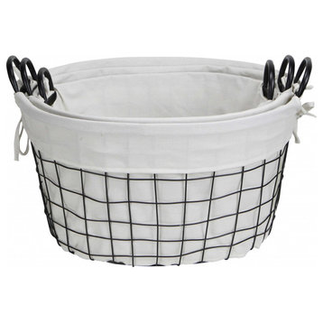 Set Of 3 Oval White Lined And Metal Wire Baskets With Handles
