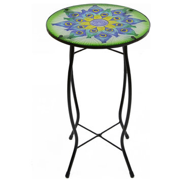 19" Green and Blue Peacock Flower Tail Glass Patio Side Table