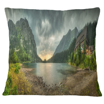 Mountain Chalet At Sunset Panorama Landscape Printed Throw Pillow, 18"x18"