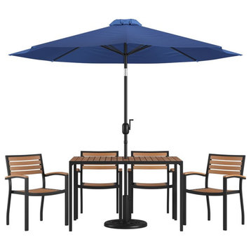 Flash Furniture 7PC Aluminum Patio Dining Set with Umbrella and Base in Navy