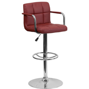 Burgundy Quilted Vinyl Adjustable Height Barstool, Arms, Chrome Base