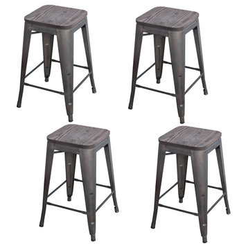 Black 24 In. Metal Bar Stool With Wood Seat- 4 Piece