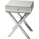 Butler - Butler Vincennes Mirrored Side Table - This scintillating accent table is the sure to be a bright spot in virtually any space. Supported by a double X polished steel base, it reflects the beauty of its surroundings with a beveled edge mirrored top and drawer front together with matching clear mirrored panels on the sides and back. Expertly crafted from stainless steel and wood products with polished steel hardware.