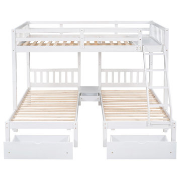 Gewnee Full Over Twin Wood Triple Bunk Bed with Drawers In White