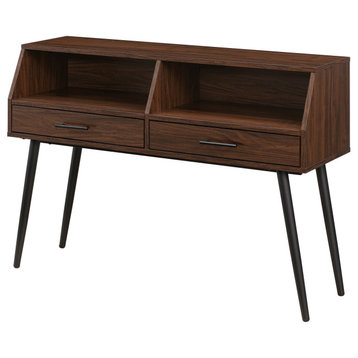 Midcentury Console Table, Unique Design With Open Shelves & Drawers, Dark Walnut