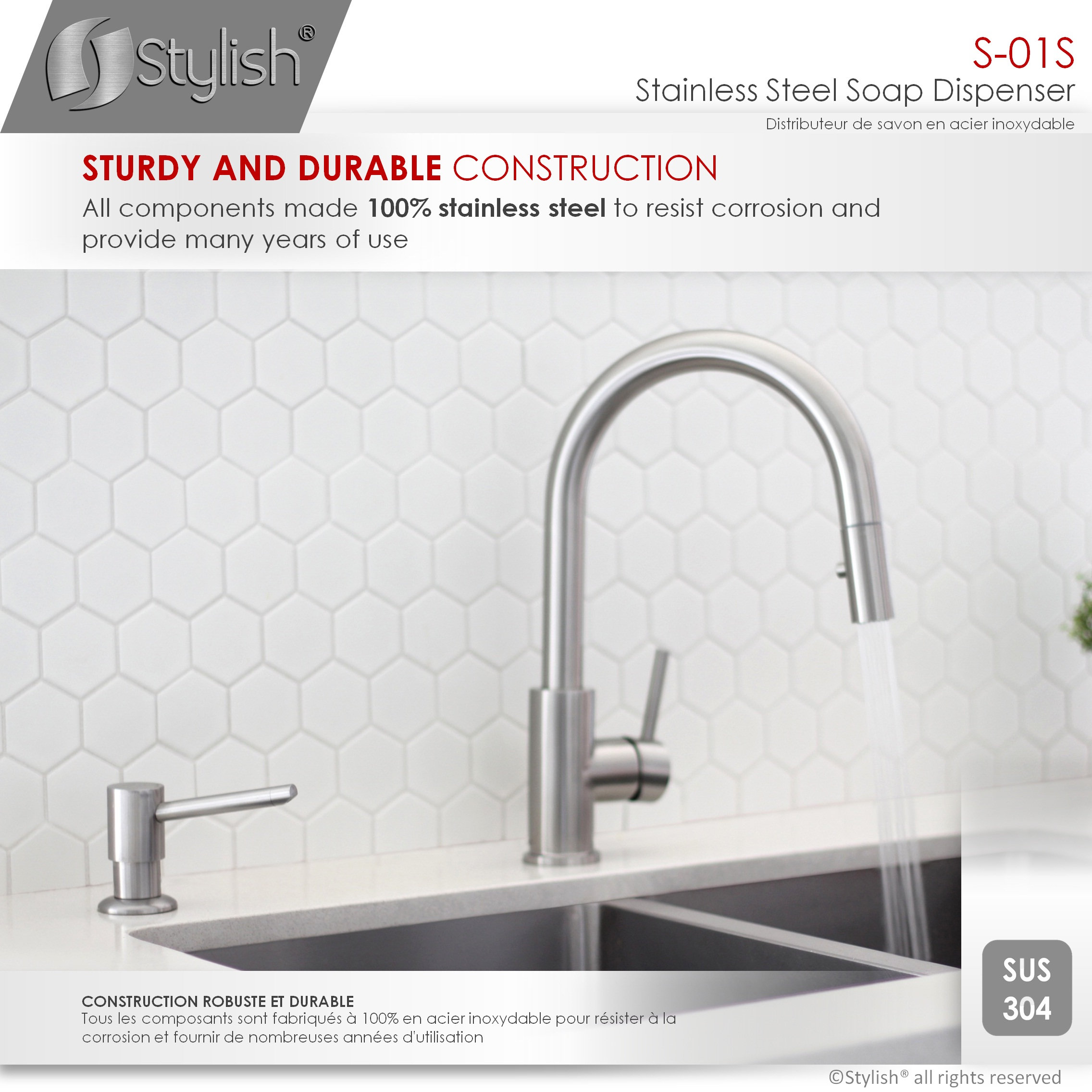 Single Handle Stainless Steel Pull Down Kitchen Faucet With Soap Dispenser