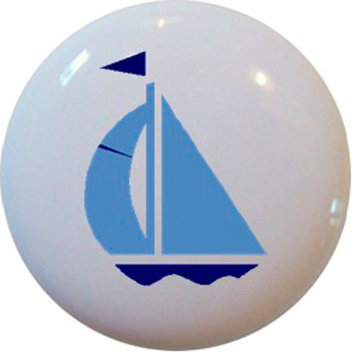 Light Blue and Navy Sailboat Ceramic Cabinet Drawer Knob