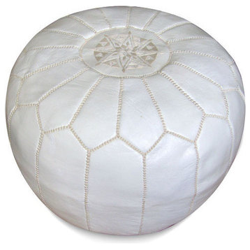 Moroccan Leather Stuffed Pouf, White