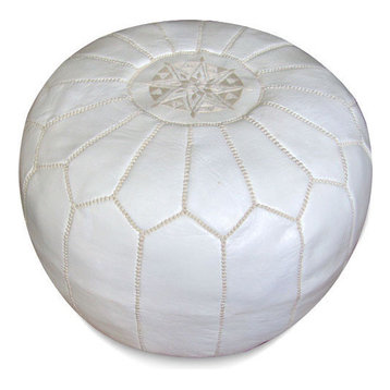 Moroccan Leather Stuffed Pouf, White