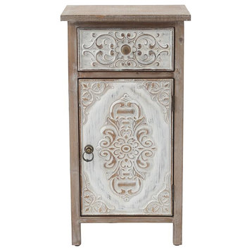 LuxenHome Floral Carved Wood 1-Door 1-Drawer End Table with Storage