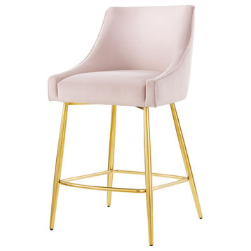Counter Stool Chair, Pink, Velvet, Modern Bar Pub Cafe Bistro Lounge Dining