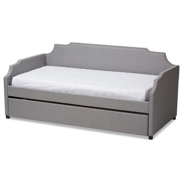 Modern Gray Fabric Upholstered Twin Size Sofa Daybed Roll Out Trundle Guest Bed