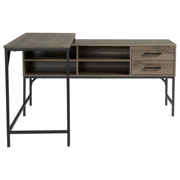 Modern L-Shaped Desk, 4 Open Compartments & 2 Drawers With Black Metal Pulls