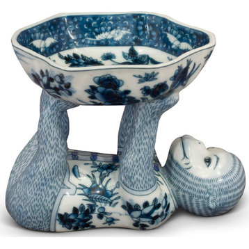 Porcelain Monkey Holding Lotus Dish, Blue/White