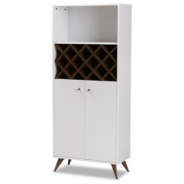 Serafino Mid-Century Modern White and Walnut Finished Wood Wine Cabinet