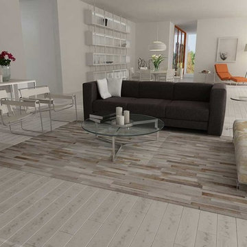 Patchwork Cowhide Rug Stripes Design in White, Gray and Beige