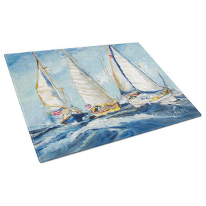 Large Carolines Treasures JMK1005LCB Sailboats and Middle Bay Lighthouse Glass Cutting Board Multicolor 