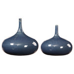 Uttermost - Zayan Vases, Set of 2 - Set of two, uniquely shaped ceramic stem vases feature a spinning top pattern in multiple tones of blue. Sizes: Sm-7x7x7, Lg-9x8x9