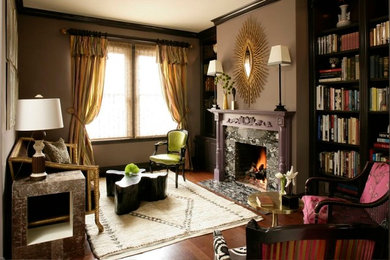 Living room library - enclosed dark wood floor living room library idea in San Francisco with a standard fireplace and a stone fireplace