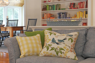 Example of a mid-sized farmhouse open concept dark wood floor family room design in DC Metro with white walls