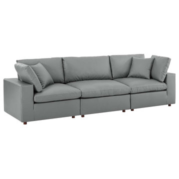 Commix Down Filled Overstuffed Vegan Leather 3-Seater Sofa, Gray