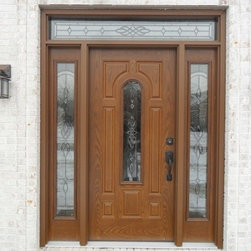 Wood Entry Door with Decorative Glasswork and sidelites - Front Doors