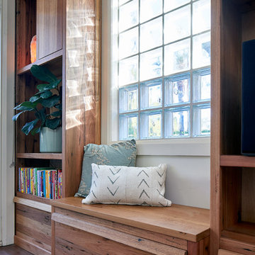 Reclaimed timber bookcase with window seat